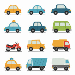 Colorful set of flat design cartoon vehicles, including cars, trucks, a motorcycle, and vans, perfect for transportation themes and children's education.