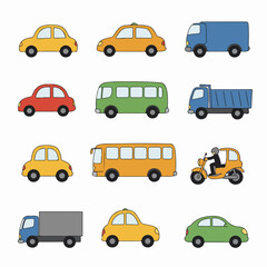 Colorful collection of cartoon vehicles including passenger cars, buses, diverse trucks, and a scooter, illustrated for transportation, travel, and urban concepts on white.
