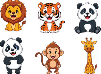 Cute Cartoon Jungle Animals Set with Lion, Tiger, Panda, Monkey, Giraffe – Smiling Wildlife Characters for Kids and Education