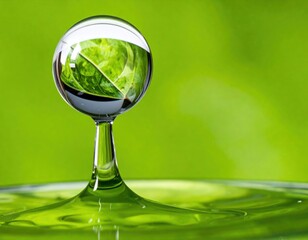 Close-Up of Water Droplet Reflecting Green Leaf on Smooth Surface