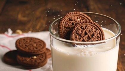 Chocolate sandwich cookies splashing into a glass of fresh white milk.