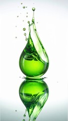 Vibrant Green Liquid Splash in Drop Shape with Reflection on Surface