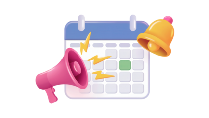 3d illustration of a calendar with a pink megaphone and a golden bell symbolizing important dates and announcements isolated on transparent background