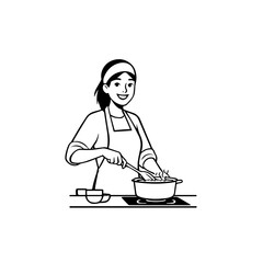 Black and White Vector Illustration of a Smiling Woman Cooking in Kitchen with Apron and Headband
