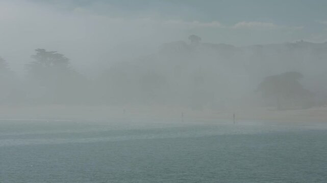 HD ground-level footage from Point Lobos State Natural Reserve, located on California&rsquo;s Highway 1 just south of Carmel-by-the-Sea on the Monterey Peninsula. Thick coastal fog rolls over a beach.