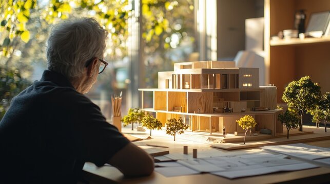 An elderly man in a black shirt looking at a wooden architectural model of a building.