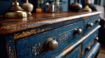 Close-up of a Vintage Blue and Gold Painted Chest of Drawers with Decorative Knobs