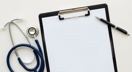 Medical clipboard and stethoscope mockup or poster mockup with pink ribbon awareness note, flat lay with stethoscope and pen