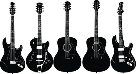 Guitar silhouette collection, electric and acoustic styles, black vector icons, musical instrument shapes, rock and jazz theme, isolated white background
