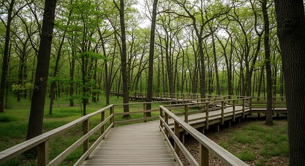 Obraz premium Wooden Walkway Through Lush Green Forest.