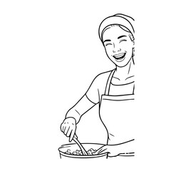 Black and White Vector Illustration of a Smiling Woman Cooking in Kitchen with Apron and Headband
