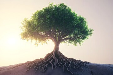 Solitary Tree with Spreading Roots Growing on a Gentle Hill