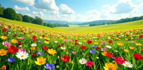 Expansive field, myriad colorful wildflowers carpet the land , ecology, colorful blooms