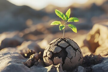 Sprout Growing From Cracked Earth Globe in Dry Arid Landscape