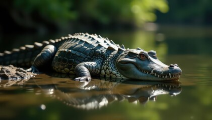 Obraz premium Powerful alligator rests, sunlight, river, blank space, alligator, blank space