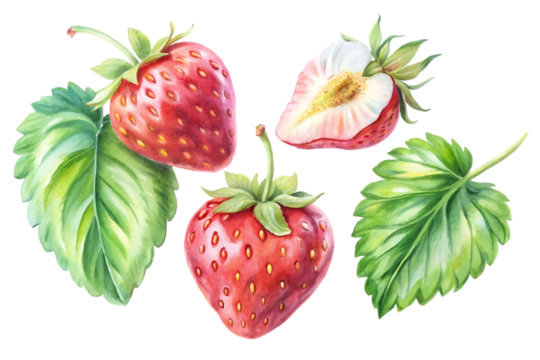 Hand painted watercolor illustration of ripe red strawberries and green leaves isolated on transparent background