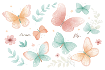 Collection of delicate watercolor butterflies and floral elements in soft pastel colors on a transparent background isolated on transparent background