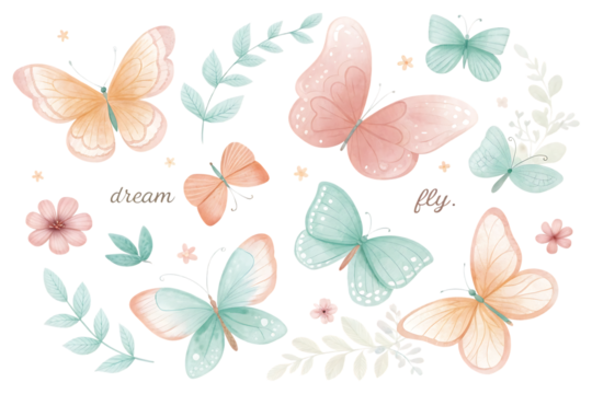 Collection of delicate watercolor butterflies and floral elements in soft pastel colors on a transparent background isolated on transparent background