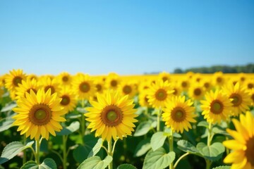 Fototapeta premium Vast sunflower field stretches, vibrant yellow against a clear blue sky , farm, agriculture