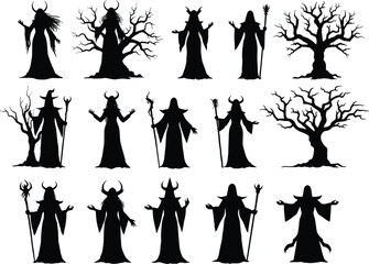 Mystical horned figures silhouette, dark fantasy robed characters, eerie leafless trees, witchcraft theme, occult illustration, gothic vector art for storytelling, design