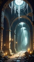 Mysterious Stone Corridor with Candles and Dusty Cobwebs