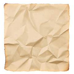 Antique crumpled parchment paper with scorched and burnt edges, featuring a rich, wrinkled texture isolated on a white background