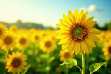 Fototapeta premium Vibrant yellow sunflower field, blurred background, closeup, seeds