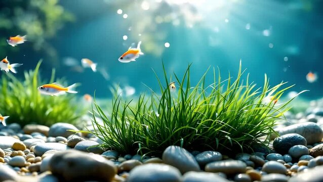 A serene underwater scene, likely a freshwater aquarium or a shallow part of a lake or river slow motion, 4k video