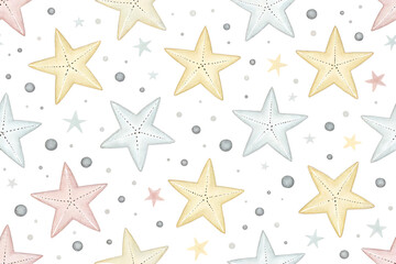 Obraz premium Whimsical hand drawn pastel colored stars and dots pattern on a black background isolated on transparent background