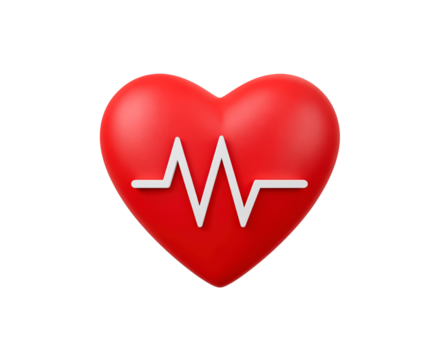 Red heart with white cardiogram line symbolizing heart health and vitality on transparent background, PNG