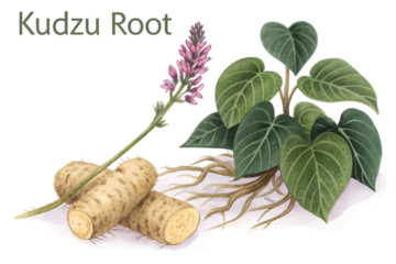 Illustration of kudzu root and plant with flowers and leaves isolated on transparent background