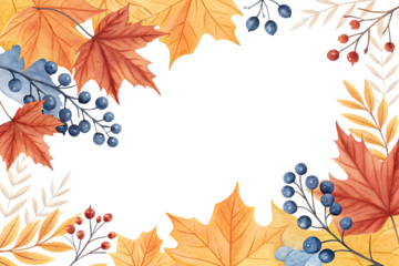 Vibrant autumn leaves and dark berries form a decorative border around a central black copy space isolated on transparent background