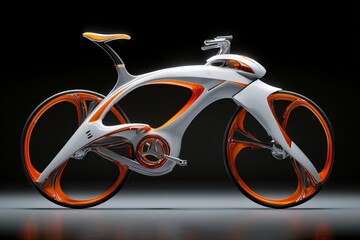 Futuristic bicycle with white frame and orange accents, studio shot