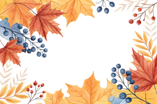 Vibrant autumn leaves and dark berries form a decorative border around a central black copy space isolated on transparent background