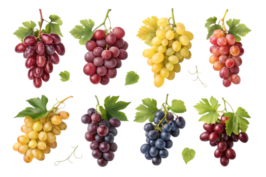 Collection of eight different bunches of fresh ripe grapes in various colors including red purple green and yellow isolated on transparent background
