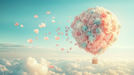 A whimsical hot air balloon adorned with pink and blue flowers, floating above a serene blue sky with fluffy white clouds.