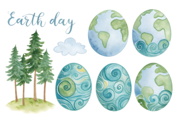 Watercolor illustration of earth day theme with decorated eggs resembling planets and green trees on a transparent background isolated on transparent background