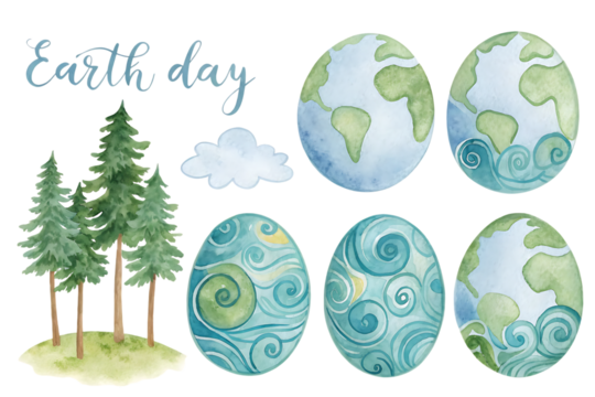 Watercolor illustration of earth day theme with decorated eggs resembling planets and green trees on a transparent background isolated on transparent background