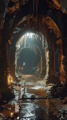 Naklejka premium Mysterious Underground Cave with Stalactites and Reflective Water