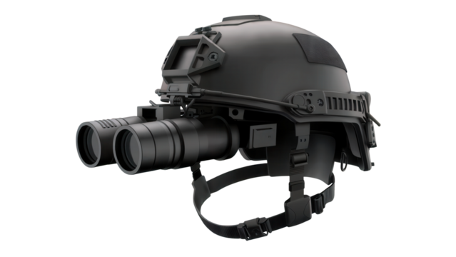Tactical military helmet with night vision goggles attached for enhanced vision in darkness isolated on transparent background