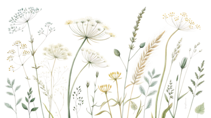 Collection of delicate wildflowers and grasses rendered in a detailed line art style against a stark black background isolated on transparent background