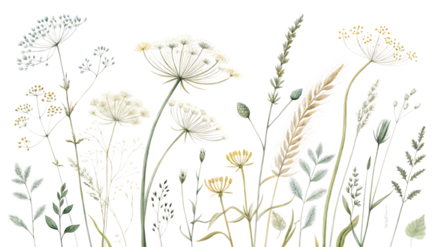 Collection of delicate wildflowers and grasses rendered in a detailed line art style against a stark black background isolated on transparent background