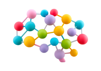 Colorful molecular structure model representing brain function and connectivity on transparent background, PNG
