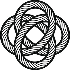 Simple twisted rope knot, line art vector, overhead cantered view, white background.