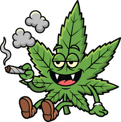 Funny cartoon cannabis leaf smoking joint, stoned marijuana mascot, happy weed character, vector illustration for cannabis culture, hemp lifestyle design