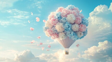 A hot air balloon filled with a bouquet of pink and blue flowers, floating in a blue sky with fluffy white clouds.