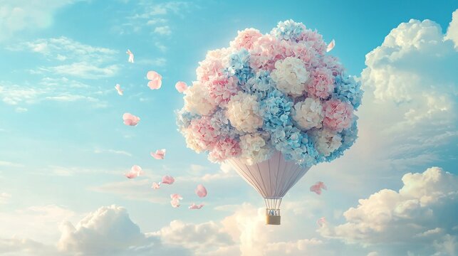 A hot air balloon filled with a bouquet of pink and blue flowers, floating in a blue sky with fluffy white clouds. - Powered by Adobe