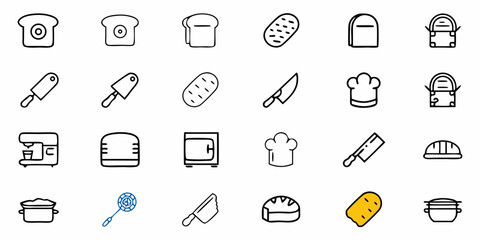 Outline style illustrations of kitchen and bakery items including bread knives and cooking equipment