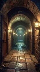 Fototapeta premium Mysterious Stone Corridor with Lanterns and Wooden Doors at Night
