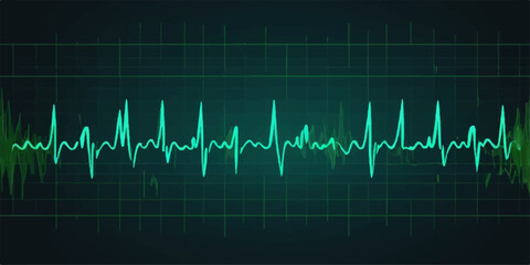 A vibrant blue line graph shows a heartbeat pulse on an EKG monitor illustrating medical healthcare cardiology life and rate in medicine